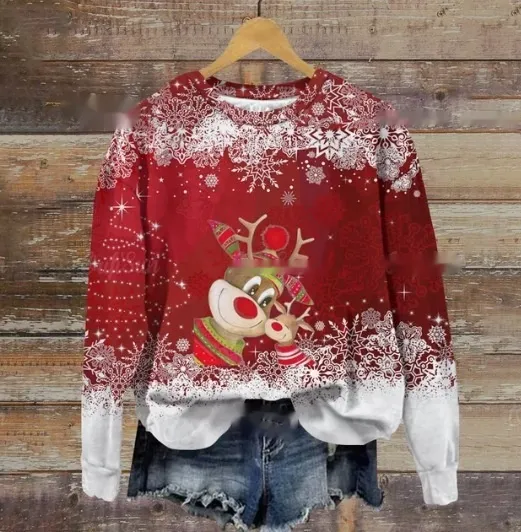 Autumn And Winter Ladies Funny Print Christmas Holiday Casual Round Neck Sweater W4018 Xs - Shop at LoveMi
