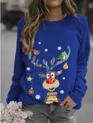 Women's printed long-sleeved round neck sweater - Royal Blue