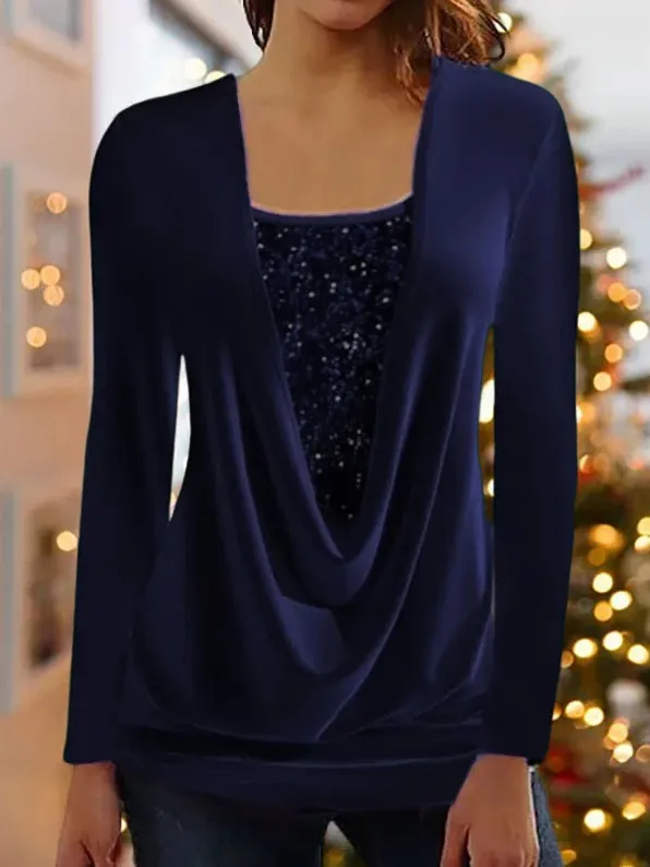 Pure Color Sequins Stitching U neck Long sleeved Elegant Casual T shirt Top Dark Blue - Shop at LoveMi