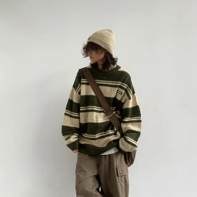 Autumn Retro Lazy Striped Knitted Sweater Green - Shop at LoveMi