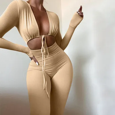 Women's Lace up Cutout Long Sleeve Slim Fit Bodysuit Khaki - Shop at LoveMi