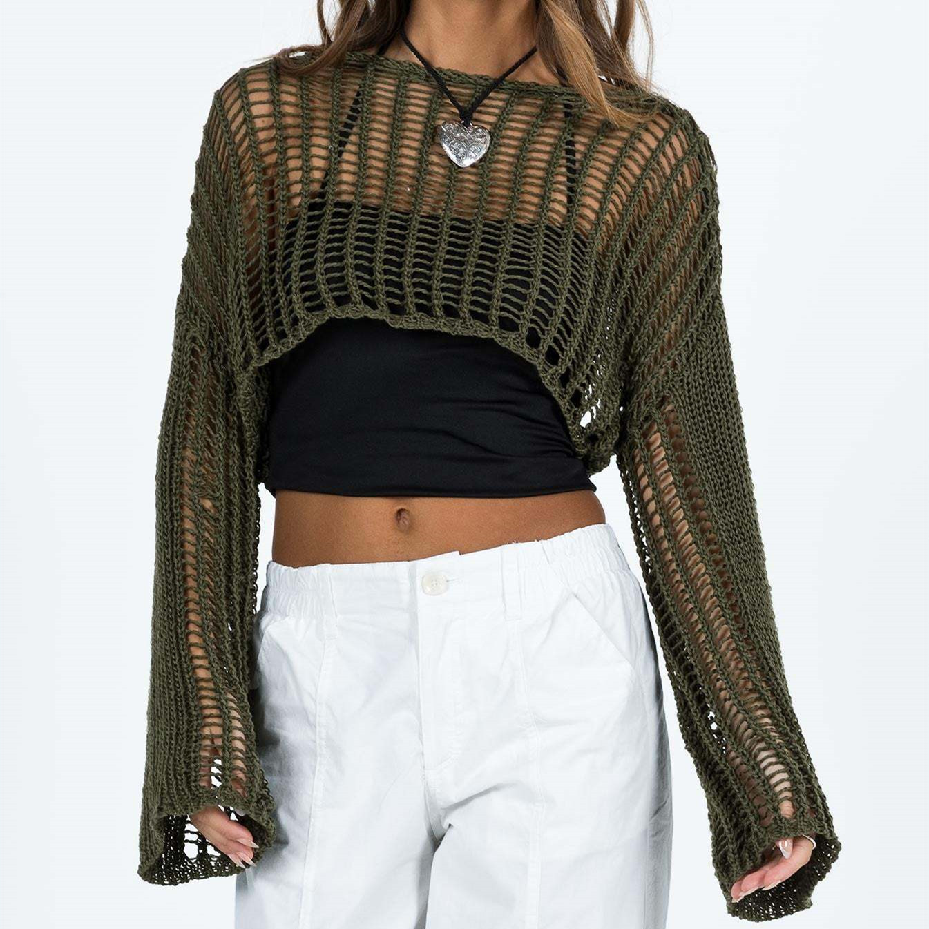 Round Neck Long Sleeve Sun Protective Blouse Hollow-out Short