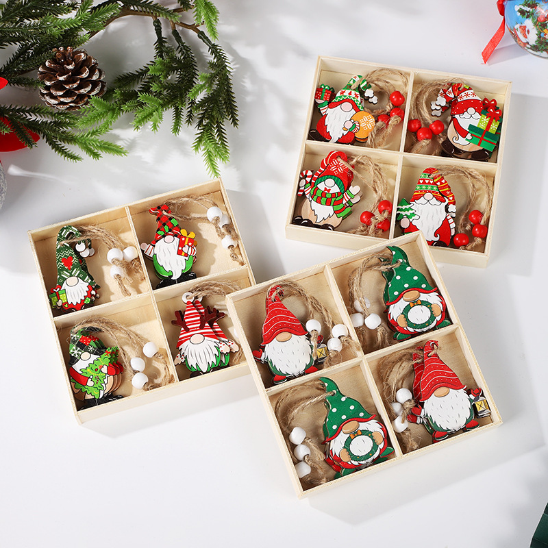 Christmas Painted Wooden Pendant Santa Claus Gift Tree 12 Pack Boxed Decorations