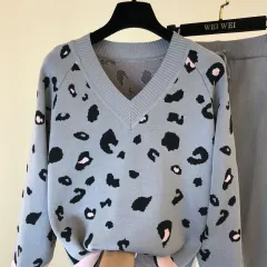 Ins Western Style V-neck Leopard Print Loose Sweater Feet Trousers With An Elasticated Waist Suit - Grey - View 1