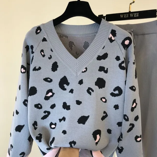 Ins Western Style V neck Leopard Print Loose Sweater Feet Trousers With An Elasticated Waist Suit Grey - Shop at LoveMi