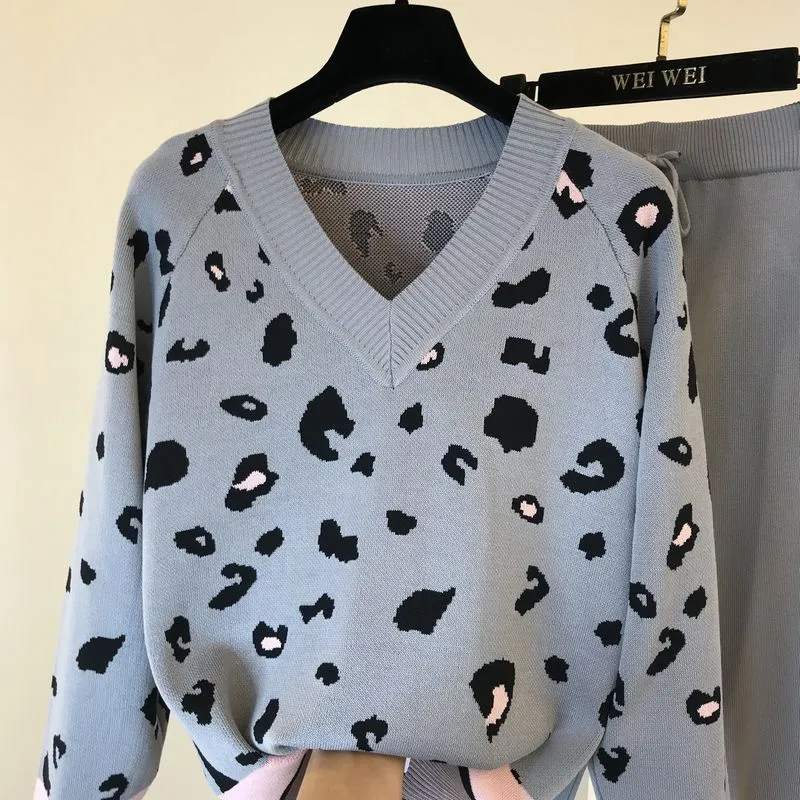 Ins Western Style V-neck Leopard Print Loose Sweater Feet Trousers With An Elasticated Waist Suit - Grey