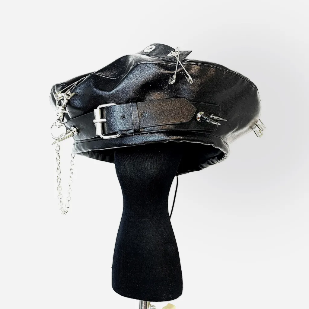 Pu Leather Punk Chain Studded Beret - Black