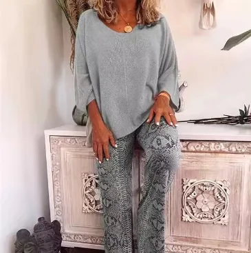 Solid Color Top Printed Trousers Suit Gray - Shop at LoveMi