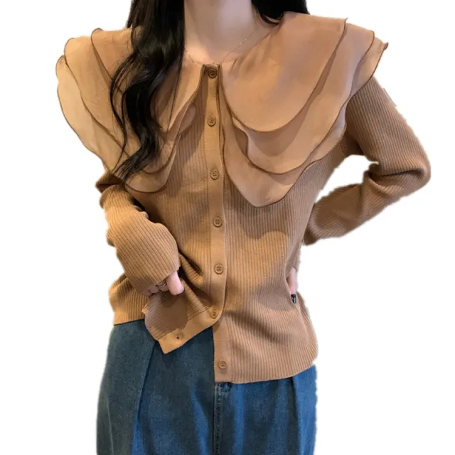 Women's Large Mesh Ruffle Edge Doll Neck Knitted Cardigan Khaki - Shop at LoveMi
