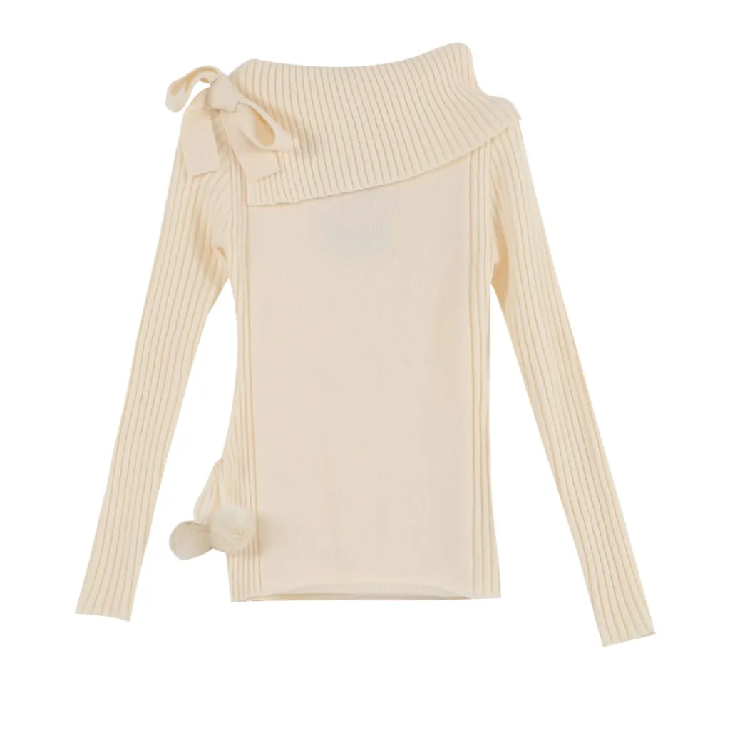 Women's One Shoulder Bow Sweater Cake Skirt - Apricot Top