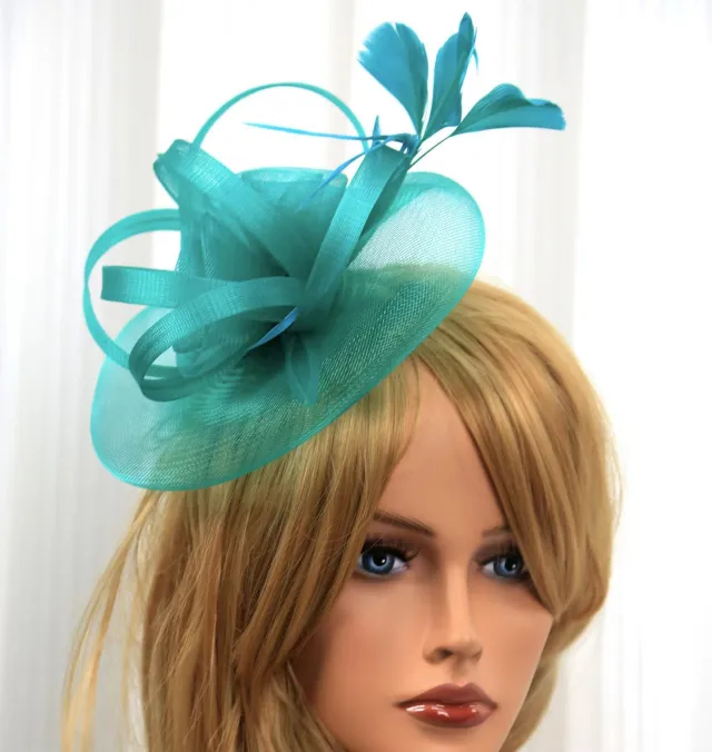 European And American Jockey Club Headdress Billycock Feather Top Hat Mesh Hat Bridal Headdress Flower Ball Party Hair Accessories Blue Green - Shop at LoveMi