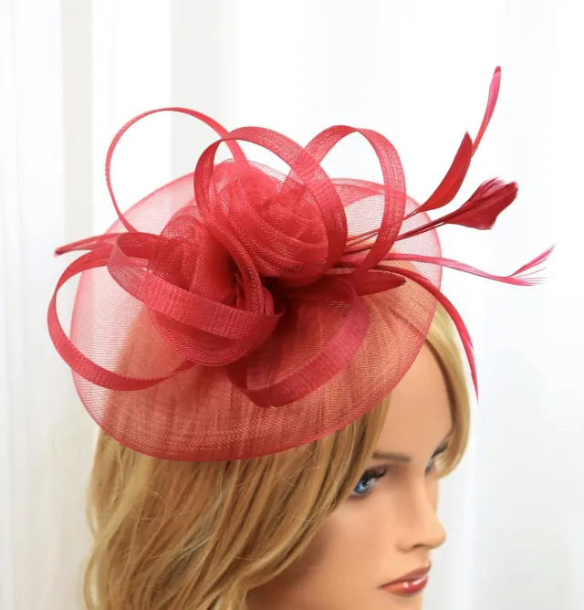 European And American Jockey Club Headdress Billycock Feather Top Hat Mesh Hat Bridal Headdress Flower Ball Party Hair Accessories Wine Red - Shop at LoveMi