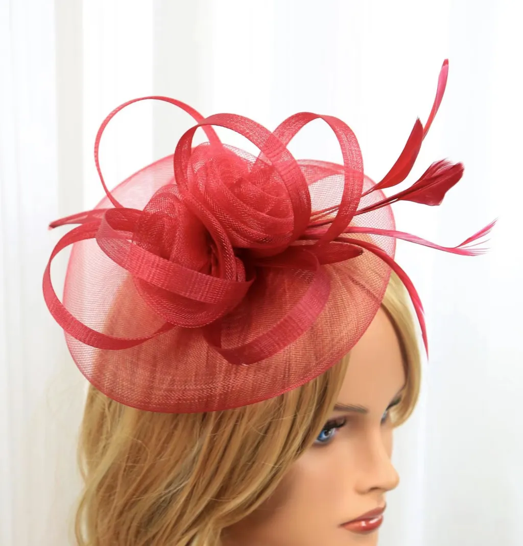 European And American Jockey Club Headdress Billycock Feather Top Hat Mesh Hat Bridal Headdress Flower Ball Party Hair Accessories - Wine Red