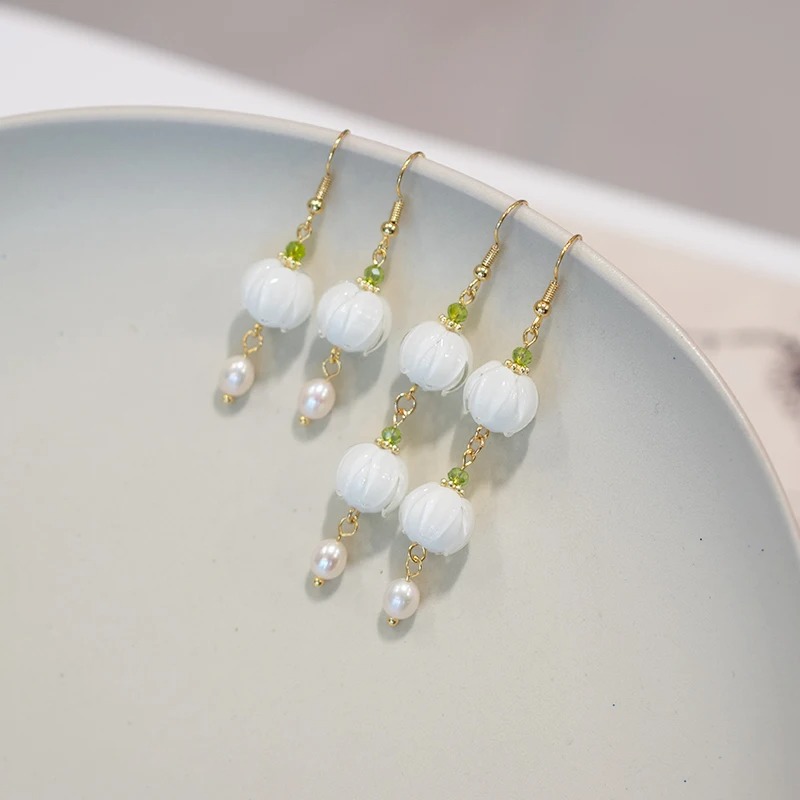 Antique Style Retro Tassel Earrings, Glass White Lily Of The Valley