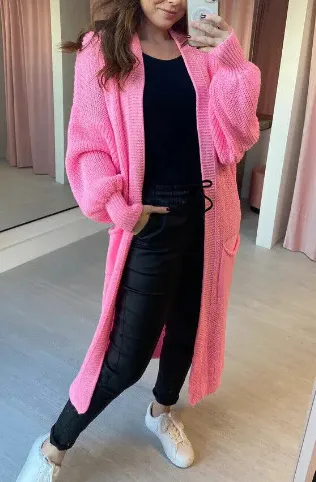Women's Solid Colour Knitwear Pocket Cardigan Mid-length Sweater Women's Coat - Pink