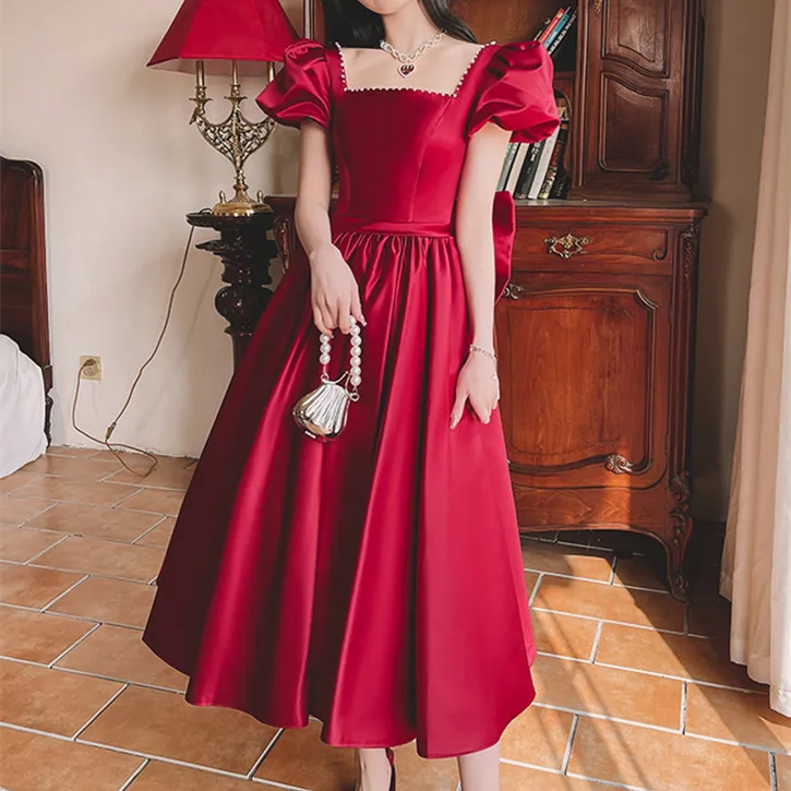 Winter Wine Red Engagement Daily French Princess On The Run Satin Dress - Red