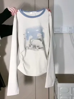 Cute Alpaca Printed Round Neck Long Sleeved T-shirt For Women - White - View 1