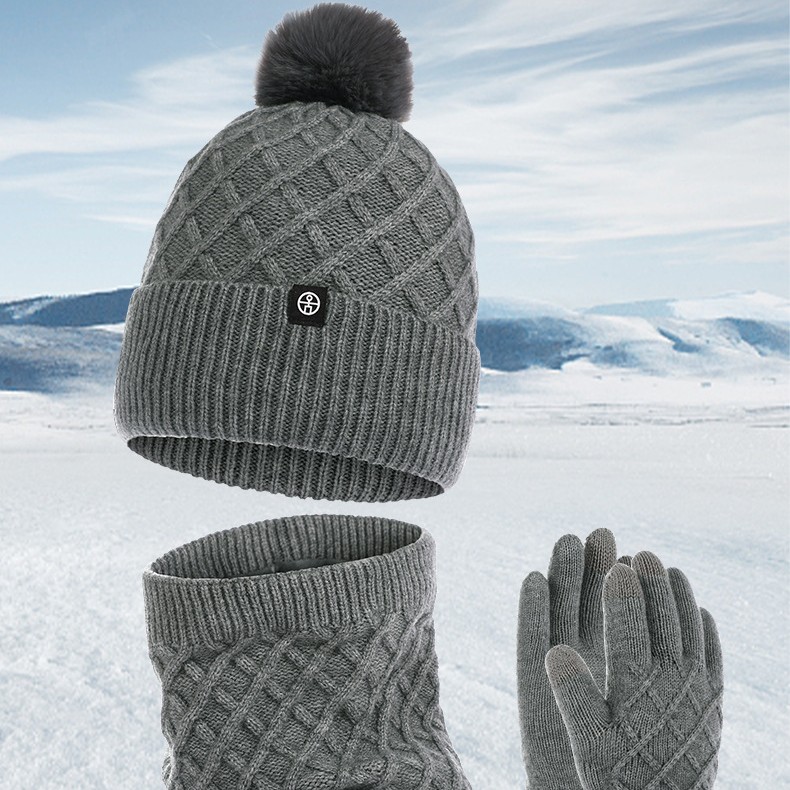 Autumn And Winter Hat Scarf Gloves Knitted Hat Amazon Outdoor Fleece-lined Warm Fur Ball Thickened Woolen Cap Three-piece Set
