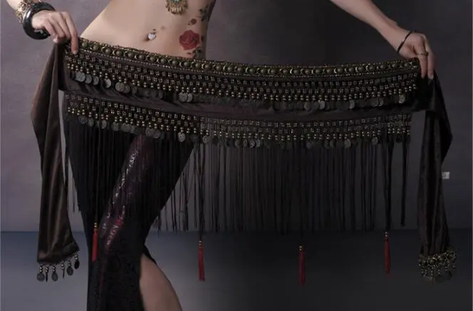Belly Dance Waist Scarf Performance Tassel Hip Scarf Ethnic Tribe Dance Costume Belly Dance Waist Chain - Coffee
