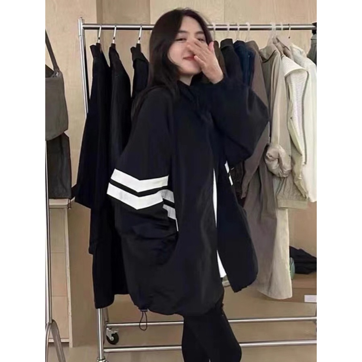 Striped Contrast Color Stand-up Collar Cotton Padded Thickened Women’s Gore-Tex Jacket