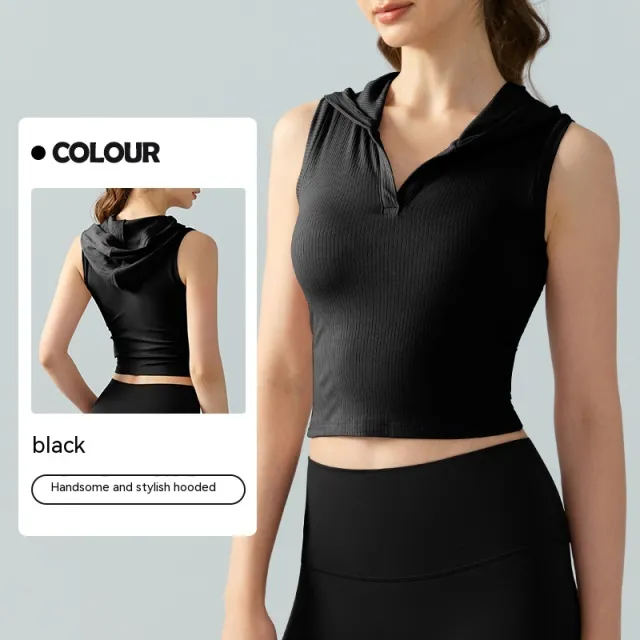 Hooded Ribbed Yoga Vest Women's Short Solid Color Sleeveless Workout Top Black - Shop at LoveMi