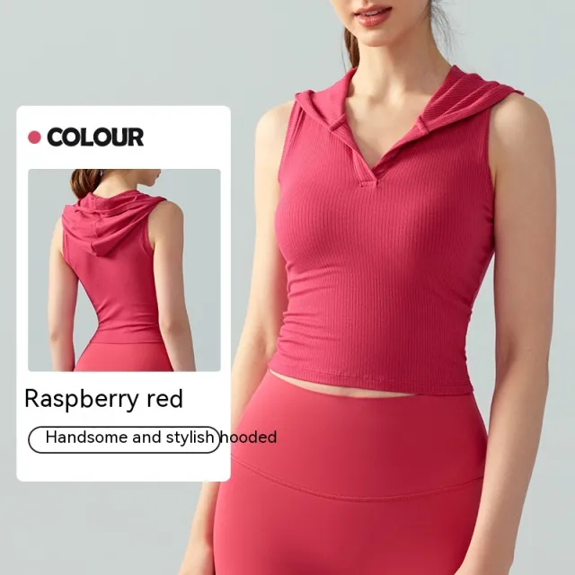 Hooded Ribbed Yoga Vest Women's Short Solid Color Sleeveless Workout Top Red - Shop at LoveMi