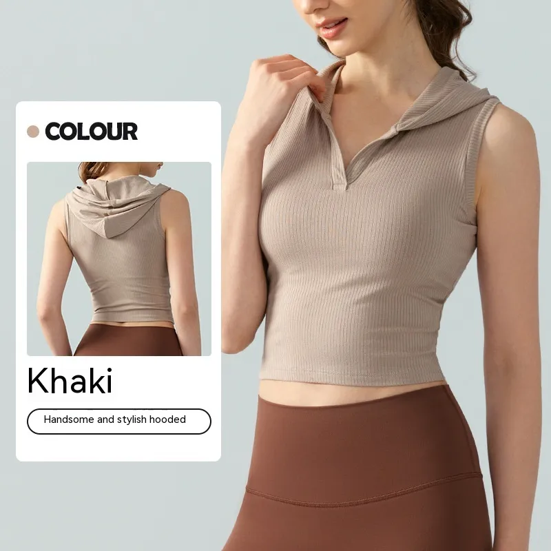 Hooded Ribbed Yoga Vest Women's Short Solid Color Sleeveless Workout Top - Khaki