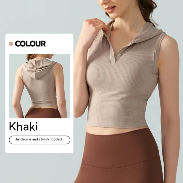 Hooded Ribbed Yoga Vest Women's Short Solid Color Sleeveless Workout Top Khaki - Shop at LoveMi