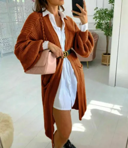 Women's Solid Color Knitwear Pocket Cardigan Mid length Sweater Women's Coat Caramel Xxl - Shop at LoveMi