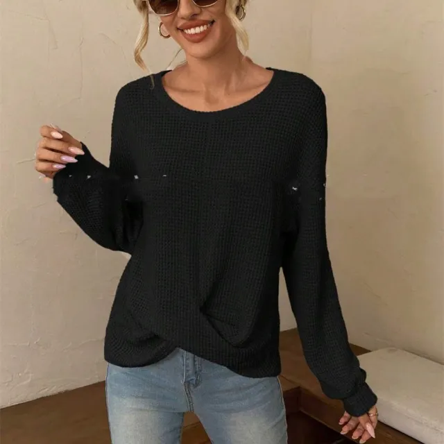 New Knitwear Fashion Round Neck Cross Long Sleeves Top Black - Shop at LoveMi