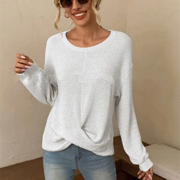 New Knitwear Fashion Round Neck Cross Long Sleeves Top White - Shop at LoveMi