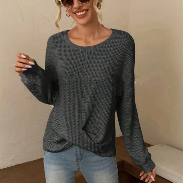 New Knitwear Fashion Round Neck Cross Long Sleeves Top Dark Gray - Shop at LoveMi