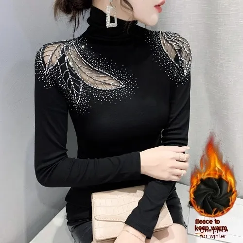 Winter New High Neck Hollow Rhinestone Long sleeved T shirt Fleece lined Keep Warm Inner Match Bottoming Shirt Top Black Plus Velvet Style - Shop at LoveMi