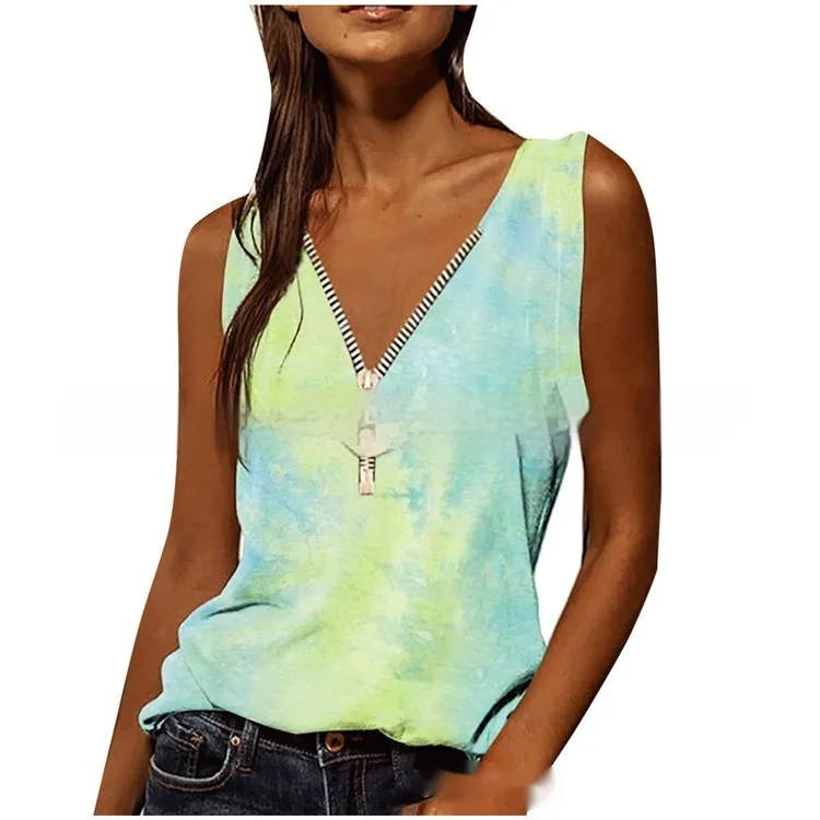 Women's V-neck Zipper Pullover Print Vest - Yellow