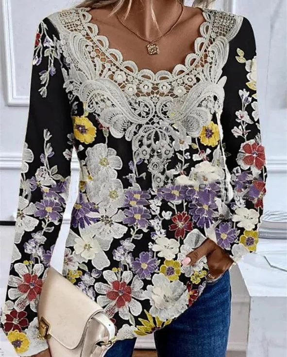 Women's Casual Round Neck Long Sleeve Pullover Print T-shirt - 2 Style-M