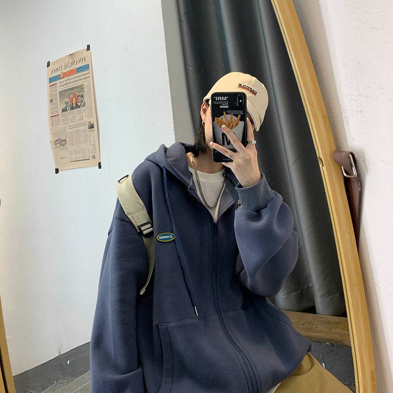 معطف مخملي سميك مع سحاب وغطاء للرأس