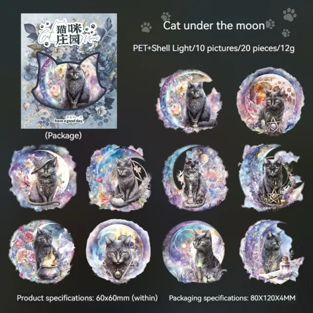 Cat Series Stickers Light Retro Cute Pet Waterproof Diy Goo Card Journal Decoration Collage Cat Moon Below - Shop at LoveMi