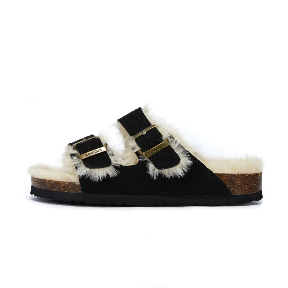 Autumn And Winter Plush Flat Bottomed Frosted Leather Boken Cork Slippers - Black