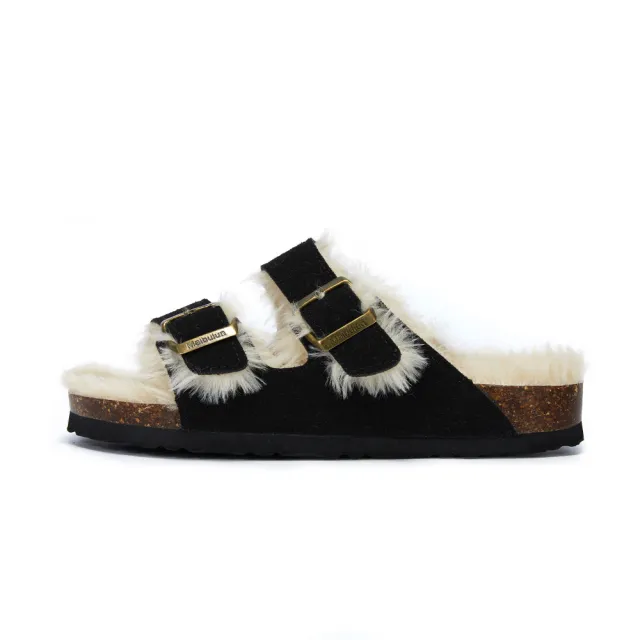 Autumn And Winter Plush Flat Bottomed Frosted Leather Boken Cork Slippers Black - Shop at LoveMi