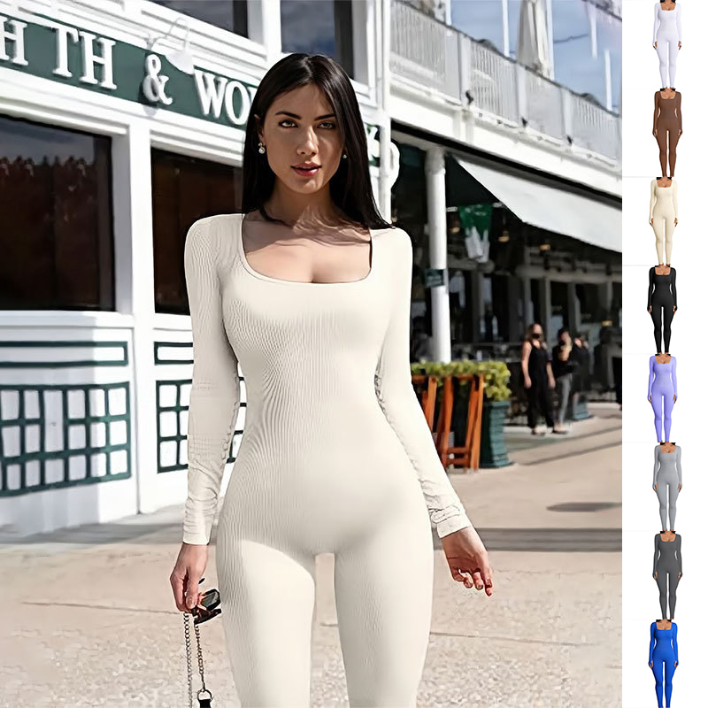 Women's Yoga Sports Fitness Jumpsuit Workout Long Sleeve Square Collar Clothing - Image