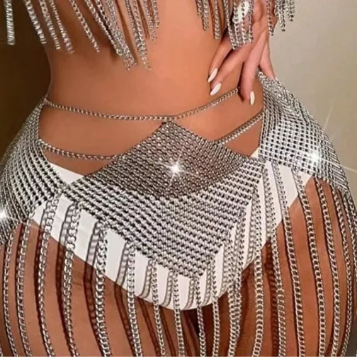 Rhinestone Inlaid Diamond Cloth Tassel Chain Joint Halter Vest Skirt - Shop at LoveMi