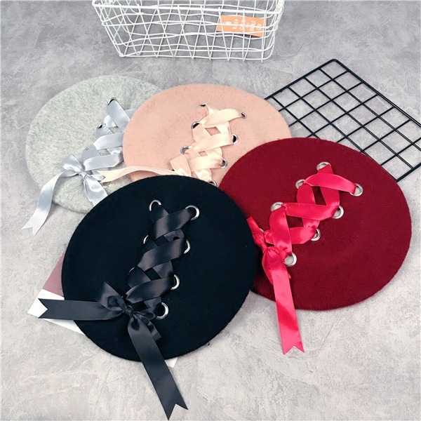 All-match Harajuku Strap Bow Woolen Beret