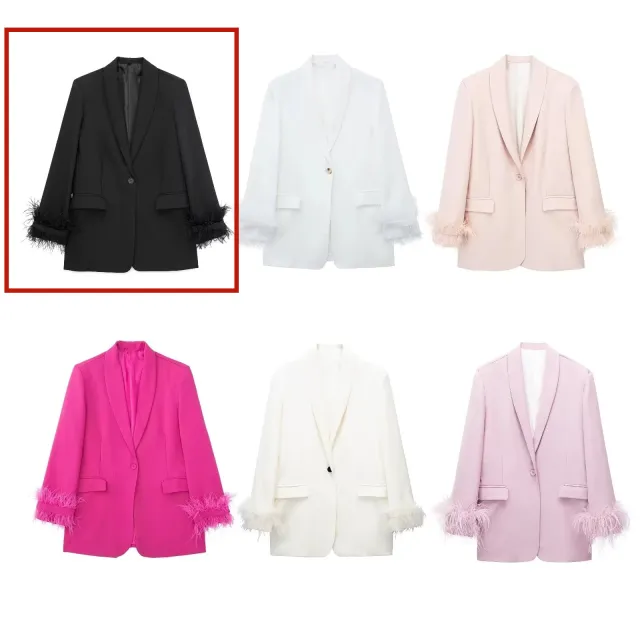 Women's Fashionable All match Feather Decoration Straight Suit Coat Black - Shop at LoveMi
