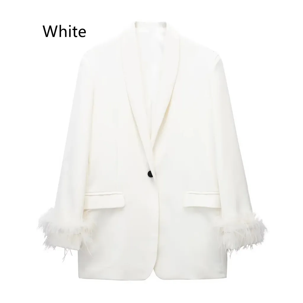 Women's Fashionable All-match Feather Decoration Straight Suit Coat - White