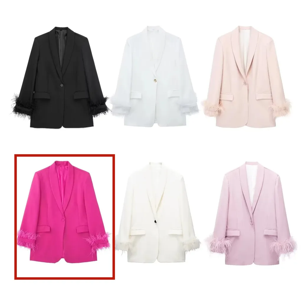 Women's Fashionable All-match Feather Decoration Straight Suit Coat - Red