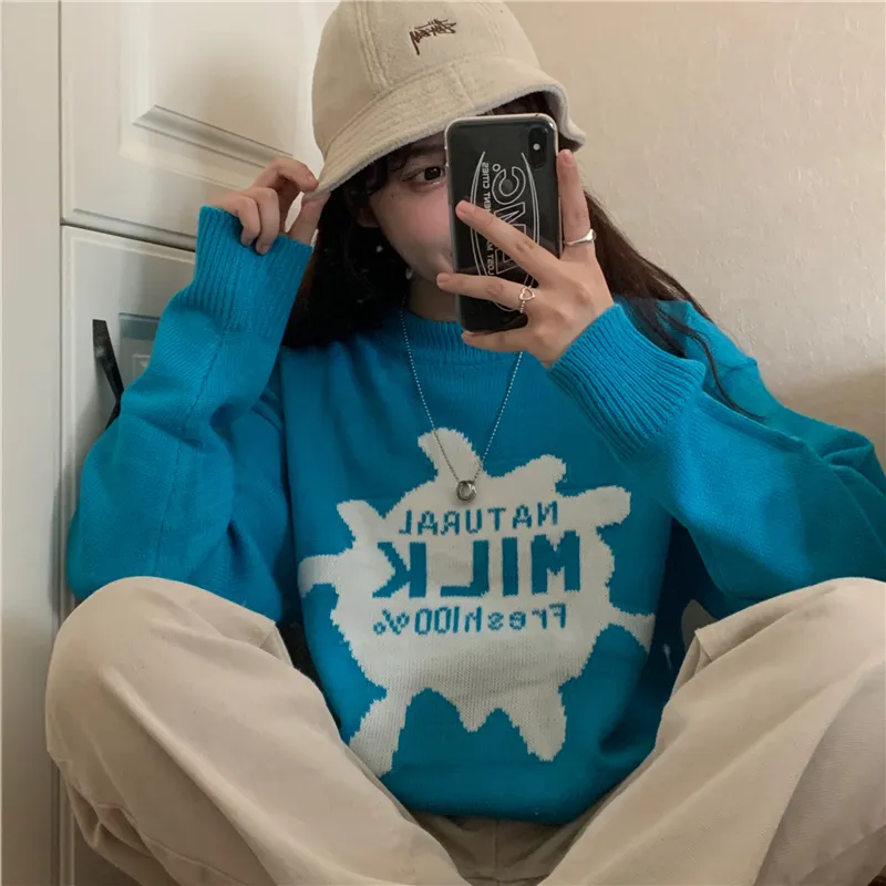 Loose Japanese Sweater For Women Wearing Over Pullover Retro Style - Blue