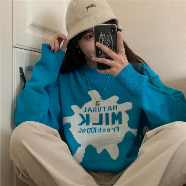 Loose Japanese Sweater For Women Wearing Over Pullover Retro Style Blue - Shop at LoveMi