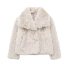 Women's Lapel Long Sleeve Faux Fur Snap Cardigan Loose Short Coat - White - View 1