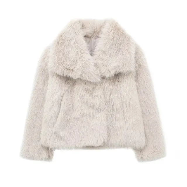Women's Lapel Long Sleeve Faux Fur Snap Cardigan Loose Short Coat White - Shop at LoveMi