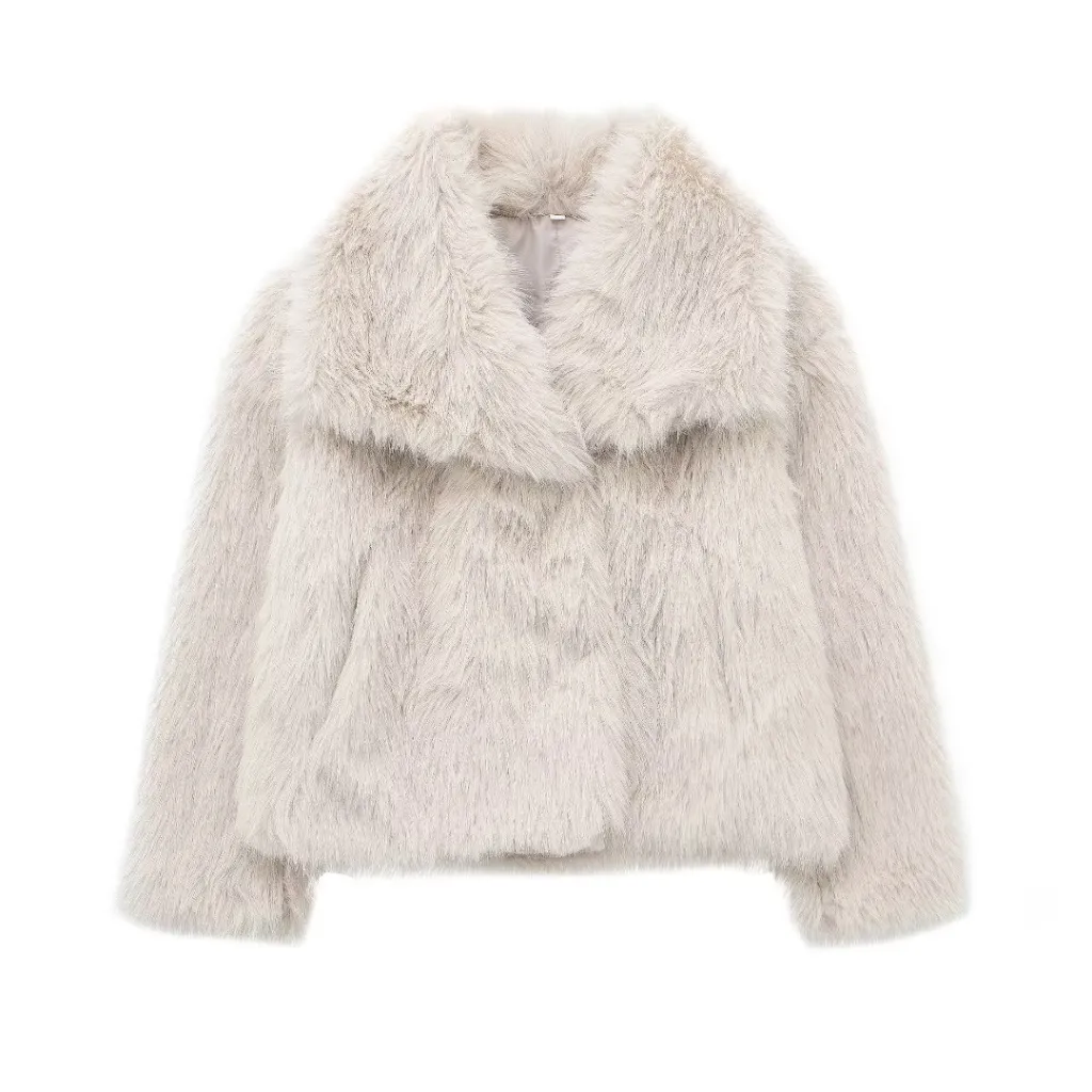 Women's Lapel Long Sleeve Faux Fur Snap Cardigan Loose Short Coat - White